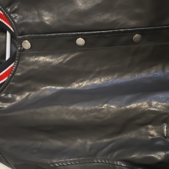 Buttermelon Black Faux Leather Varsity Bomber Jacket with Red & White Trim - Picture 8 of 8